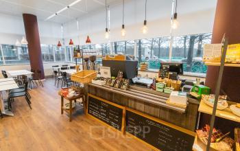 Kantoorruimte te huur in Antwerpen Berchem, Uitbreidingstraat 84, met gezellige kantine, voorzien van zitgedeelte en zelfbedieningsbar met snacks en koffie.