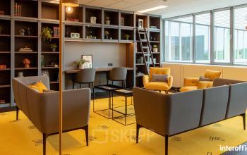 Gezellige kantoorruimte te huur in Antwerpen Wommelgem met raamverlichting, grijze zitbanken, gele accenten en een bureau met boekenwand.