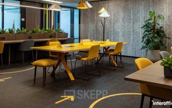 Moderne kantoorruimte te huur op Nijverheidsstraat 70, in Antwerpen Wommelgem, met stijlvolle houten tafels, gele stoelen en groene planten.