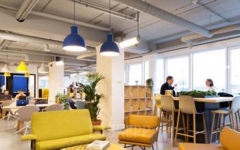 Moderne, lichtrijke kantoorruimte te huur op Pegasuslaan 5 in Brussel Airport, geschikt voor diverse werkactiviteiten. Verschillende personen voeren zakelijke gesprekken en werken aan tafels.