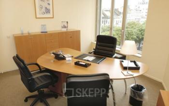 Zakelijke kantoorruimte te huur op Louizalaan 65 in Brussel Elsene, ingericht met een ovale tafel, stoelen, kast, en uitzicht op de stad.