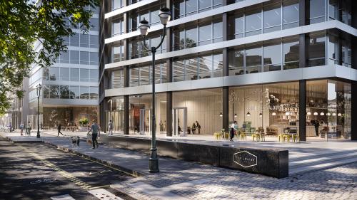 Modern exterieur van kantoor te huur in Brussel Europese Wijk op Avenue Louise/Louizalaan 149, met glazen gevel en mensen bij de ingang. Ideaal om stijlvolle kantoorruimte te huren.