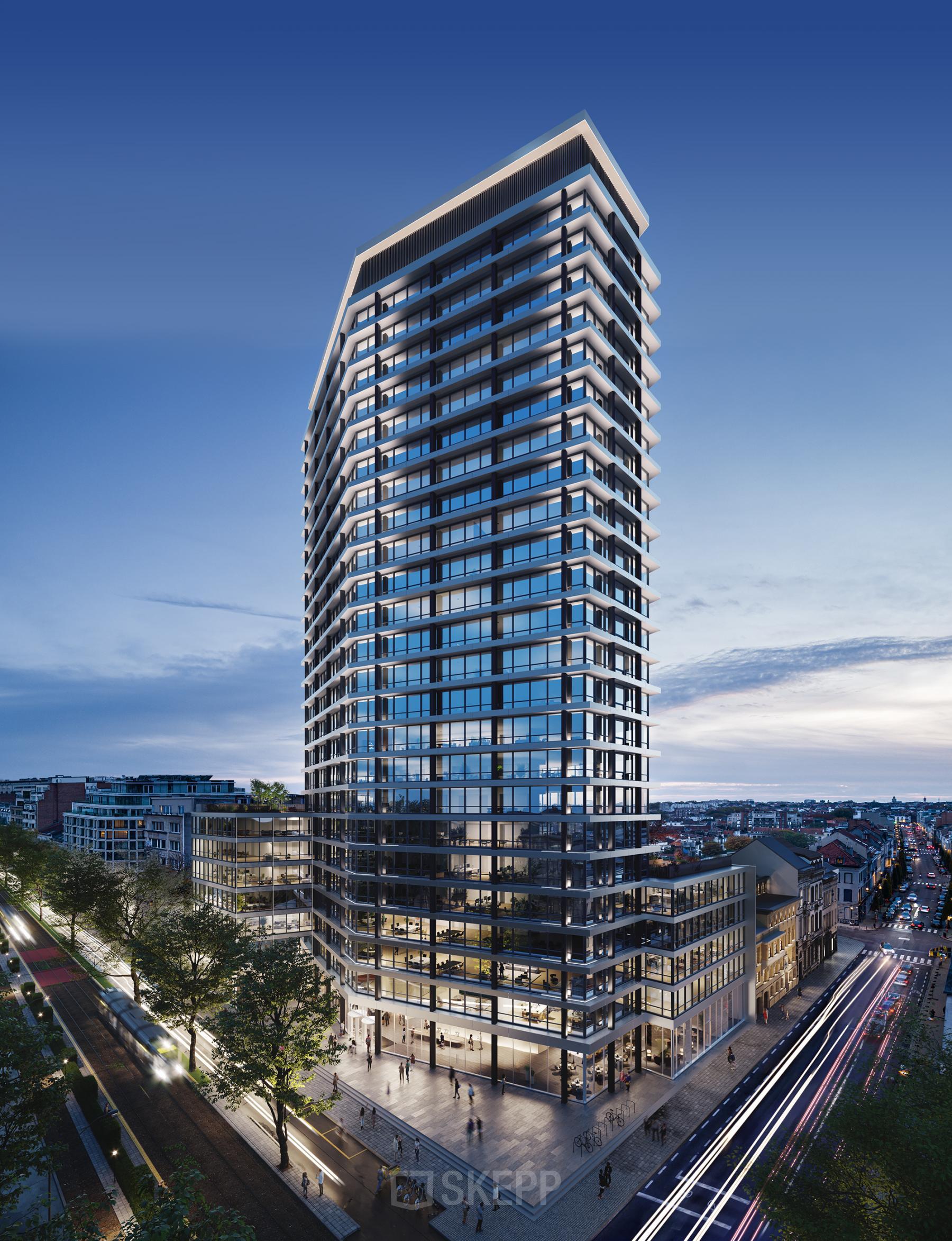 Modern kantoorgebouw aan Avenue Louise 149 in Brussel Europese Wijk, beschikbaar voor kantoorruimte te huur. Eigentijdse architectuur met ruime glazen gevel en levendige omgeving.