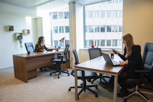 Kantoor te huur op Robert Schumanplein 2-4, Brussel Europese Wijk met lichte werkplekken en bureaus, waar twee personen zakelijke activiteiten uitvoeren.