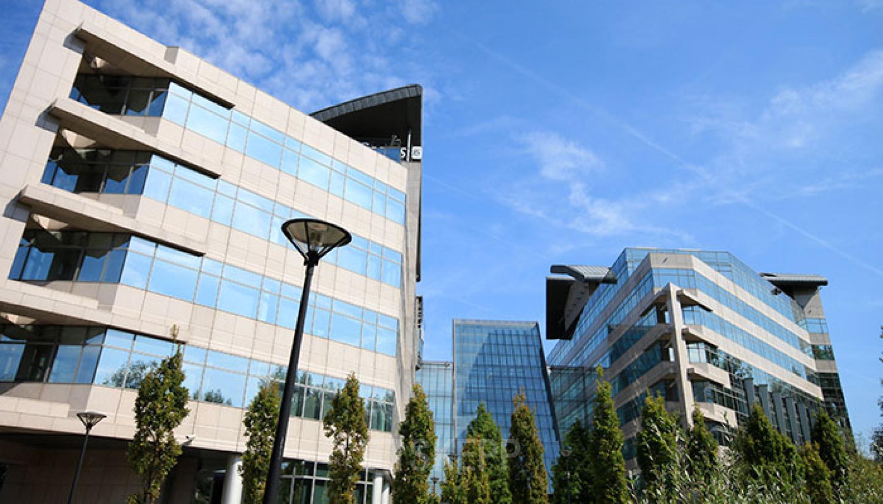 Modern kantoorgebouw aan Woluwedal 18-22 in Brussel Sint-Stevens-Woluwe met grote ramen en omgevende vegetatie, kantoorruimte te huur beschikbaar.