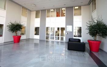 Moderne ingang van kantoor te huur op Pontbeekstraat 2-4 in Dilbeek met glazen deuren en planten.