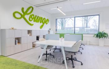 Moderne kantoorruimte te huur op Atealaan 34A, Herentals. Verfijnde werkplekken met ergonomische stoelen en veel natuurlijk licht. Planten en een muurschildering 'Lounge' voegen een frisse touch toe aan de ruimte.