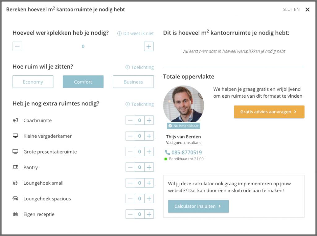 Visuele voorstelling calculator, m2 kantoor te huur berekenen